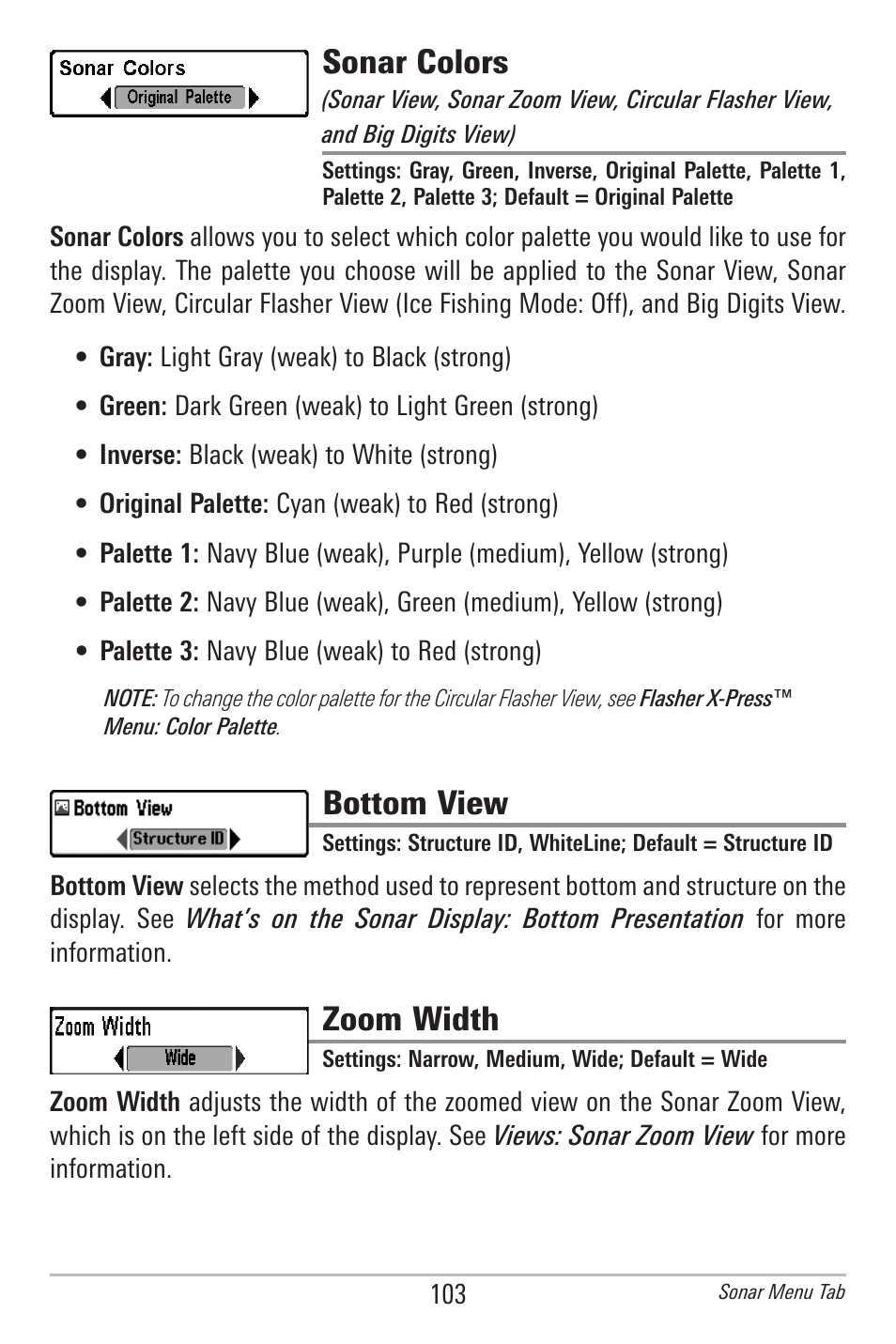 Sonar colors, Bottom view, Zoom width | Humminbird 385ci User Manual | Page 115 / 158