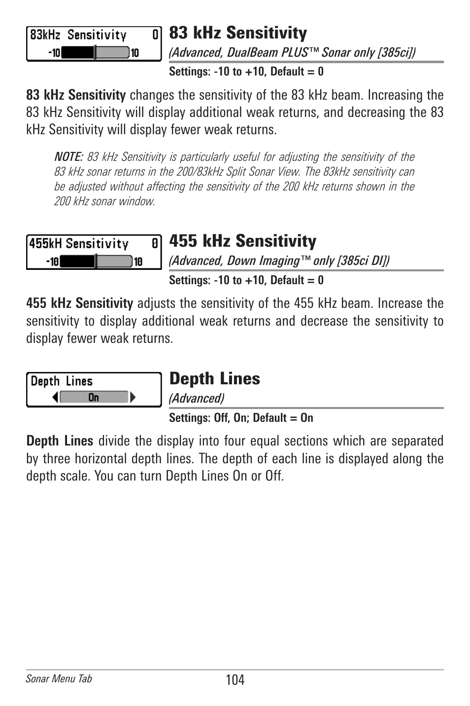 83 khz sensitivity, 455 khz sensitivity, Depth lines | Humminbird 385ci User Manual | Page 116 / 158