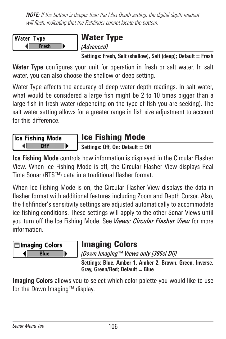 Water type, Ice fishing mode, Imaging colors | Humminbird 385ci User Manual | Page 118 / 158