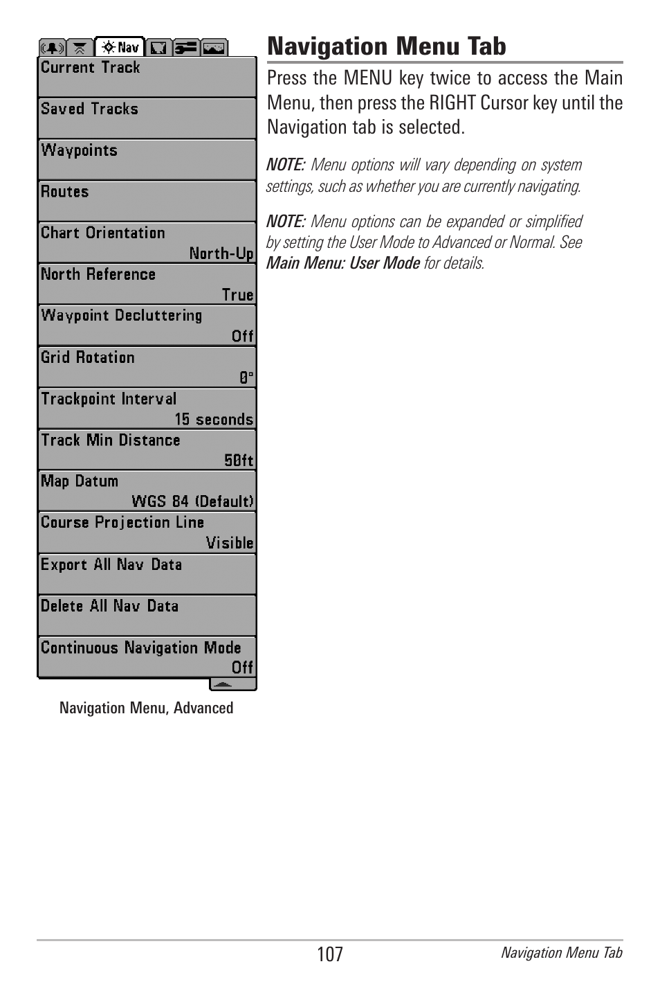 Navigation menu tab | Humminbird 385ci User Manual | Page 119 / 158