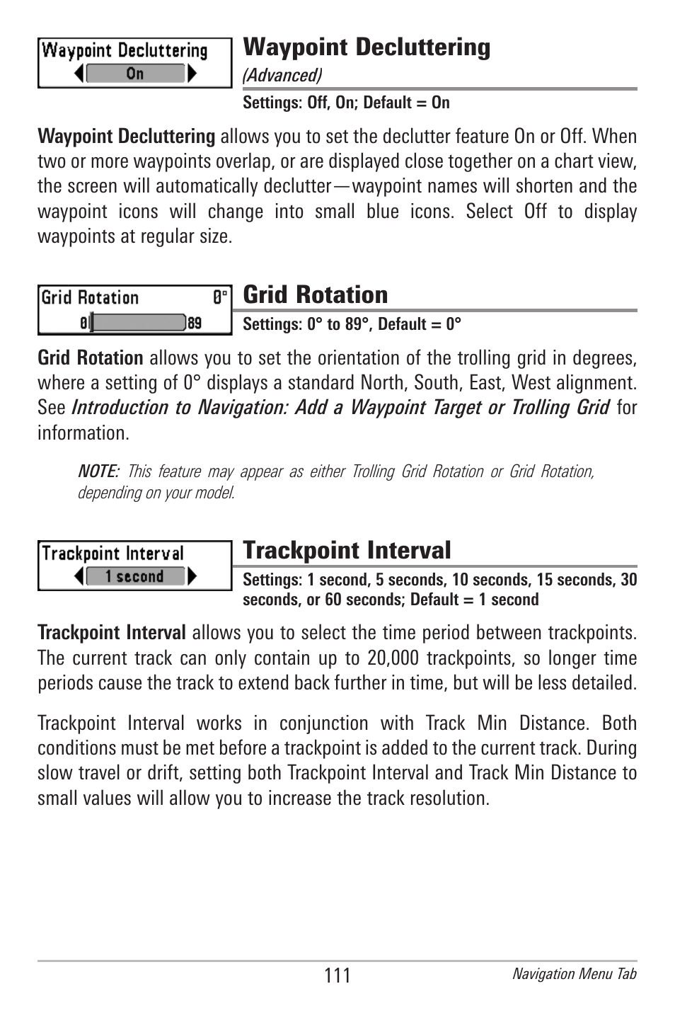 Waypoint decluttering, Grid rotation, Trackpoint interval | Humminbird 385ci User Manual | Page 123 / 158