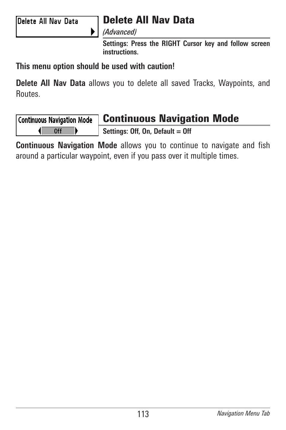 Delete all nav data, Continuous navigation mode | Humminbird 385ci User Manual | Page 125 / 158