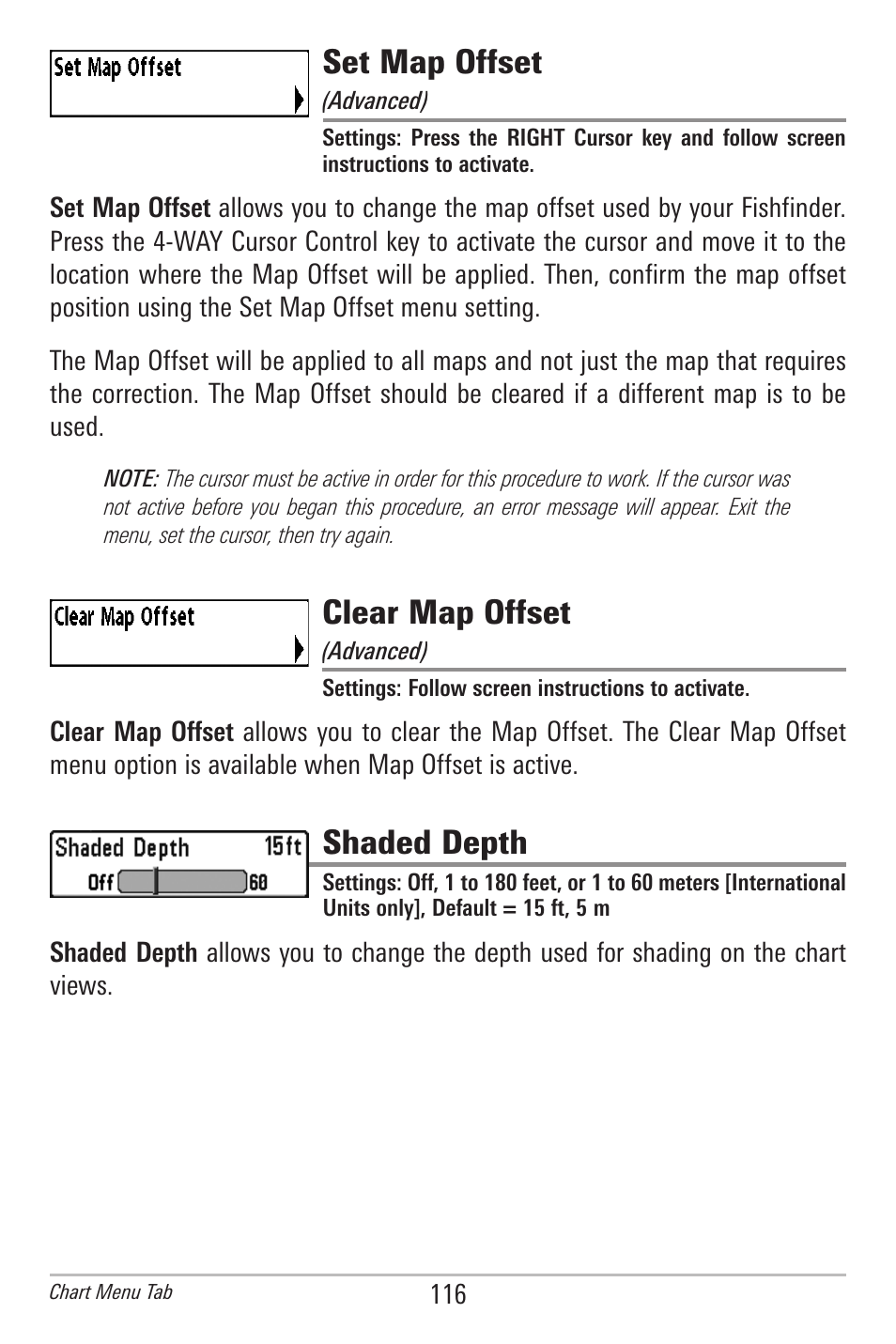 Set map offset, Clear map offset, Shaded depth | Humminbird 385ci User Manual | Page 128 / 158