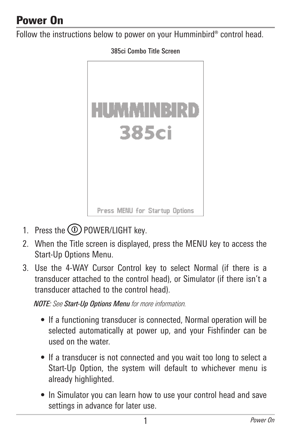 Power on | Humminbird 385ci User Manual | Page 13 / 158