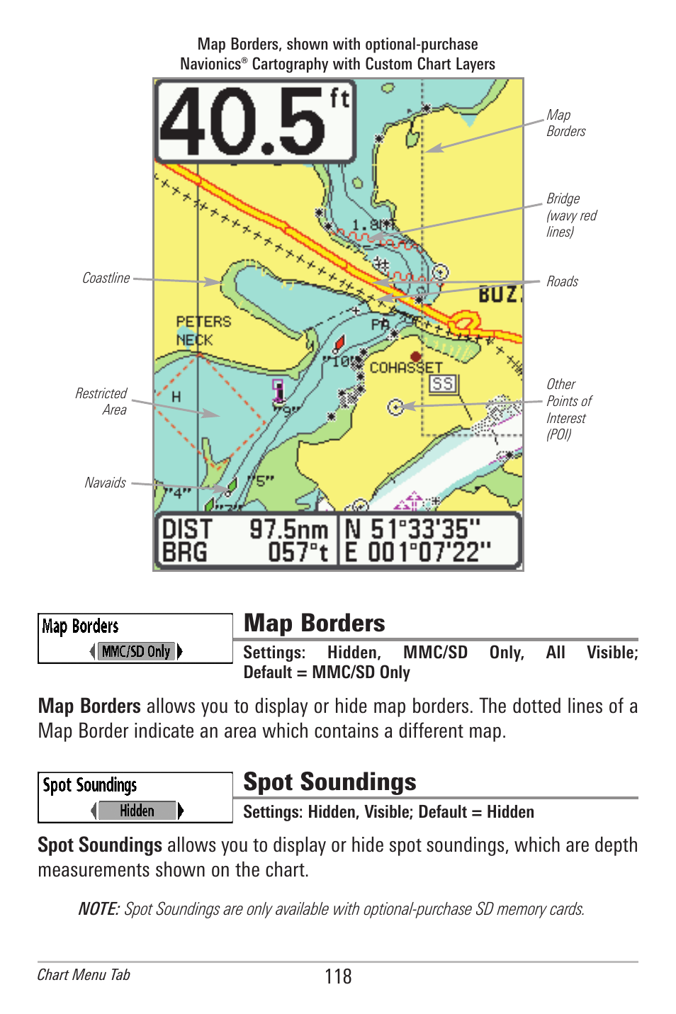 Map borders, Spot soundings | Humminbird 385ci User Manual | Page 130 / 158