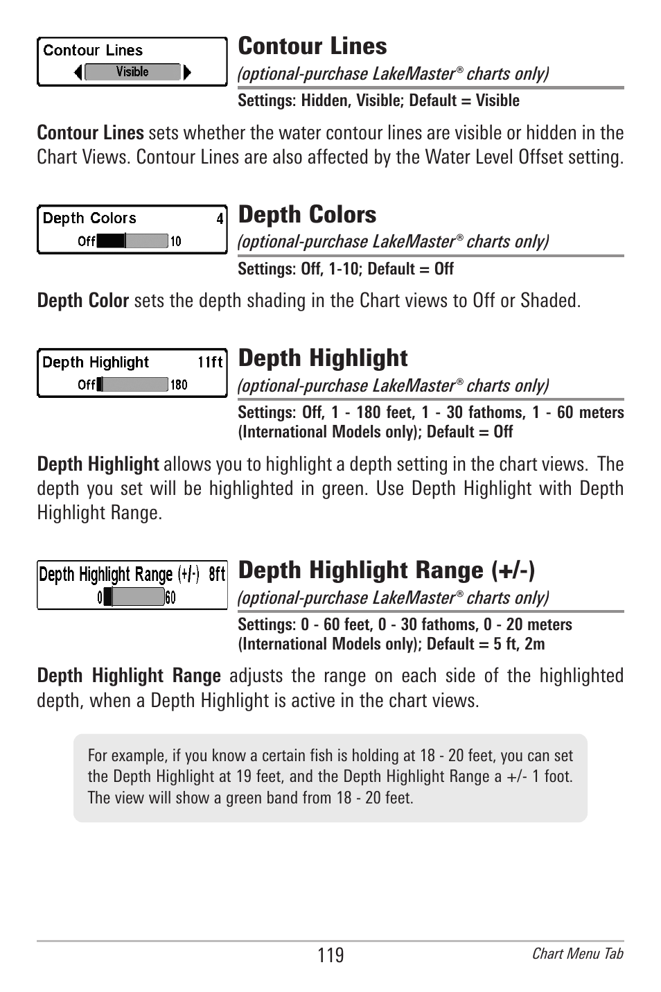 Contour lines, Depth colors, Depth highlight | Depth highlight range (+/-) | Humminbird 385ci User Manual | Page 131 / 158