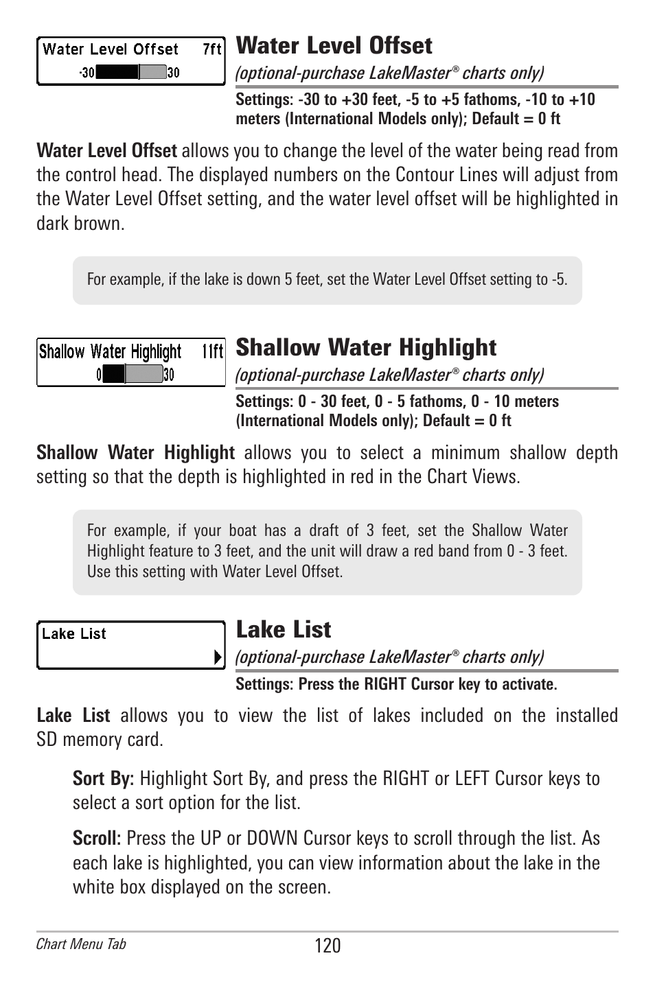 Water level offset, Shallow water highlight, Lake list | Humminbird 385ci User Manual | Page 132 / 158
