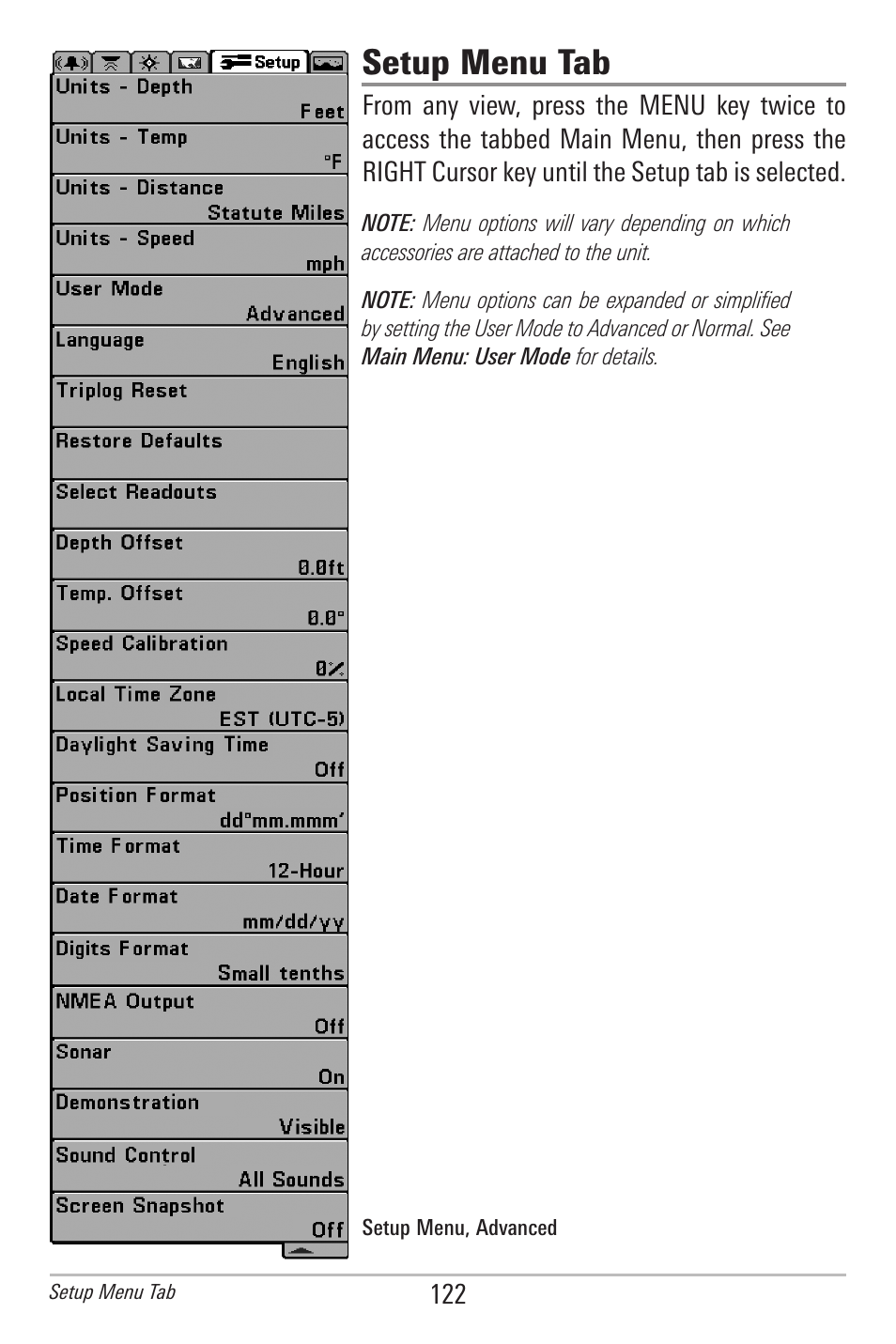 Setup menu tab | Humminbird 385ci User Manual | Page 134 / 158