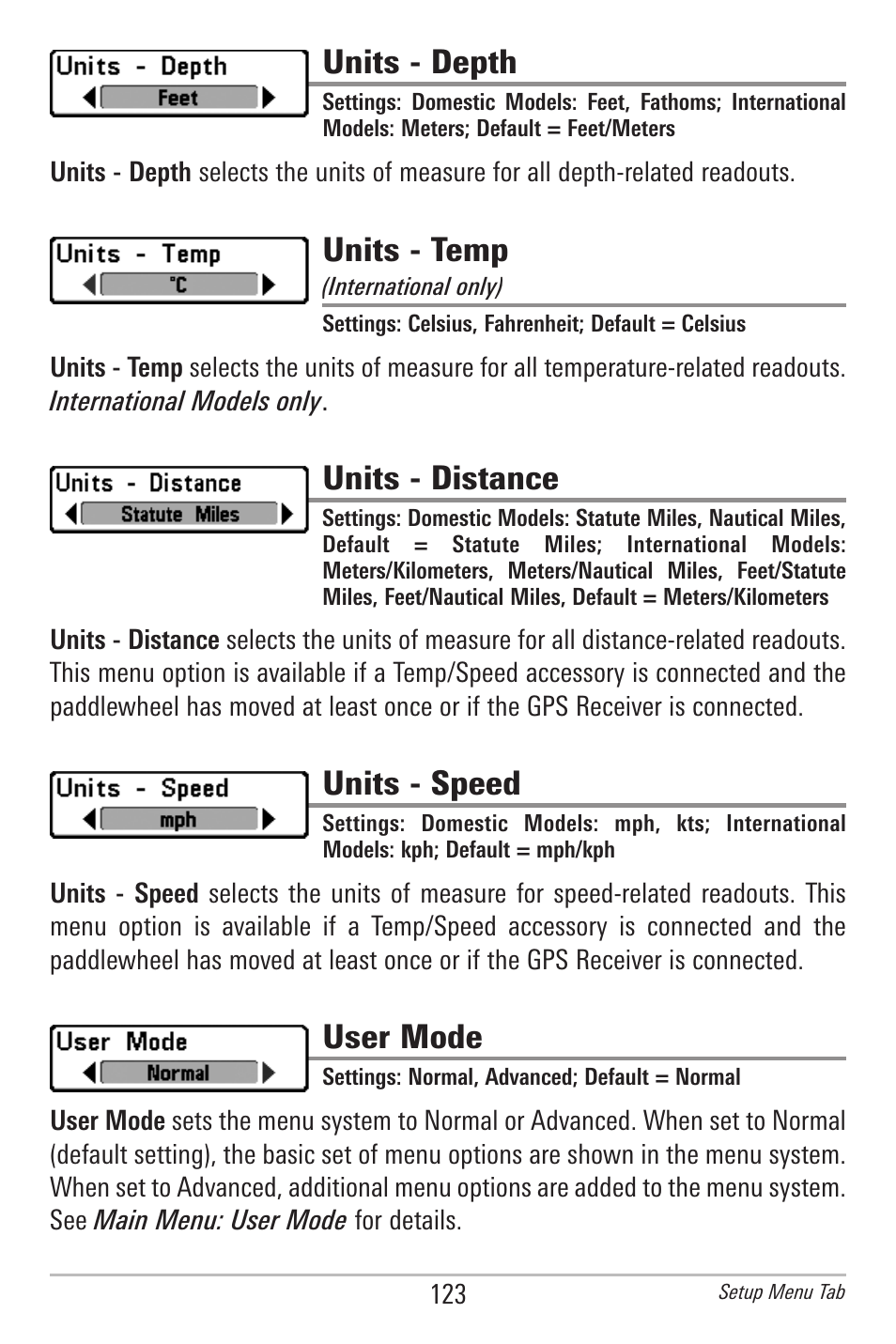 Units - depth, Units - temp, Units - distance | Units - speed, User mode | Humminbird 385ci User Manual | Page 135 / 158