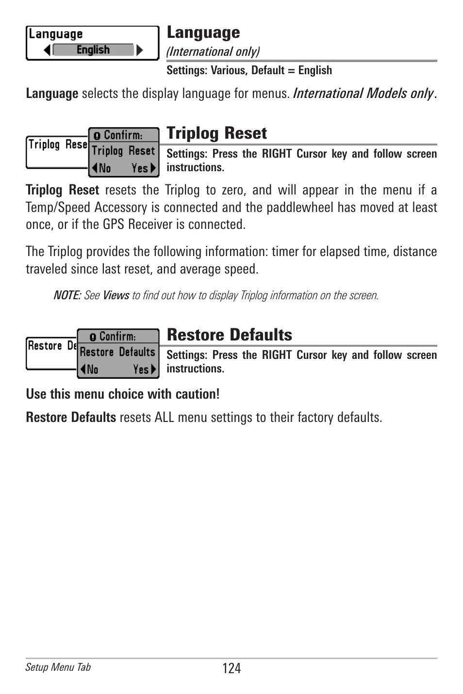 Language, Triplog reset, Restore defaults | Humminbird 385ci User Manual | Page 136 / 158