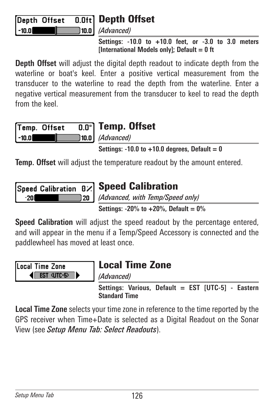 Depth offset, Temp. offset, Speed calibration | Local time zone | Humminbird 385ci User Manual | Page 138 / 158