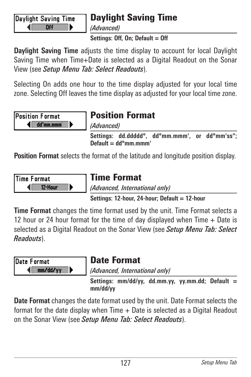 Daylight saving time, Position format, Time format | Date format | Humminbird 385ci User Manual | Page 139 / 158