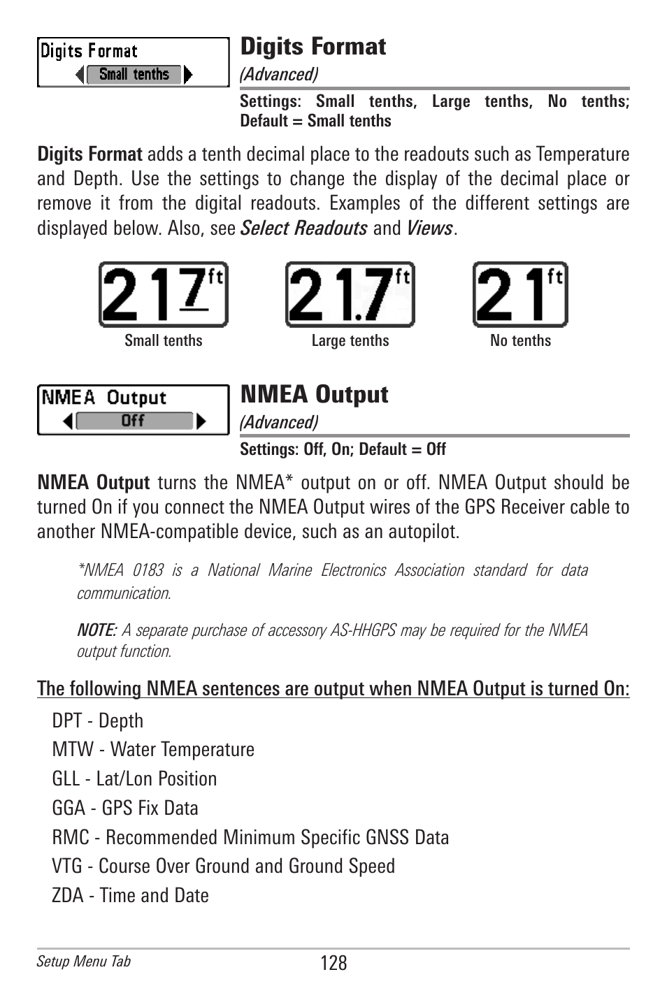 Digits format, Nmea output | Humminbird 385ci User Manual | Page 140 / 158