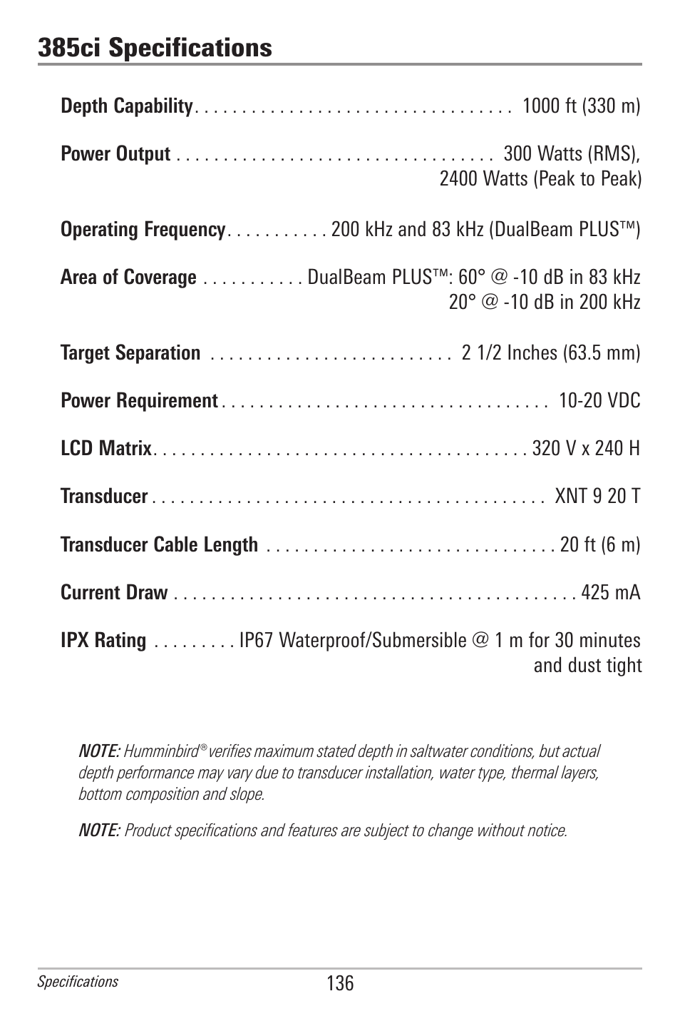 Specifications, 385ci specifications | Humminbird 385ci User Manual | Page 148 / 158