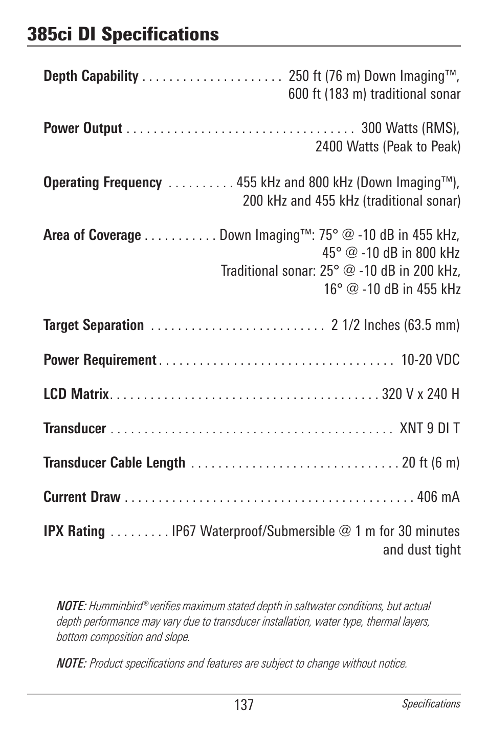 385ci di specifications | Humminbird 385ci User Manual | Page 149 / 158