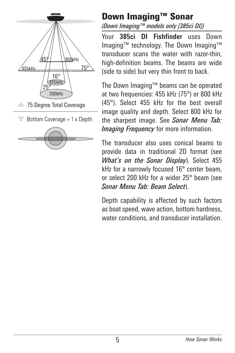 Down imaging™ sonar | Humminbird 385ci User Manual | Page 17 / 158