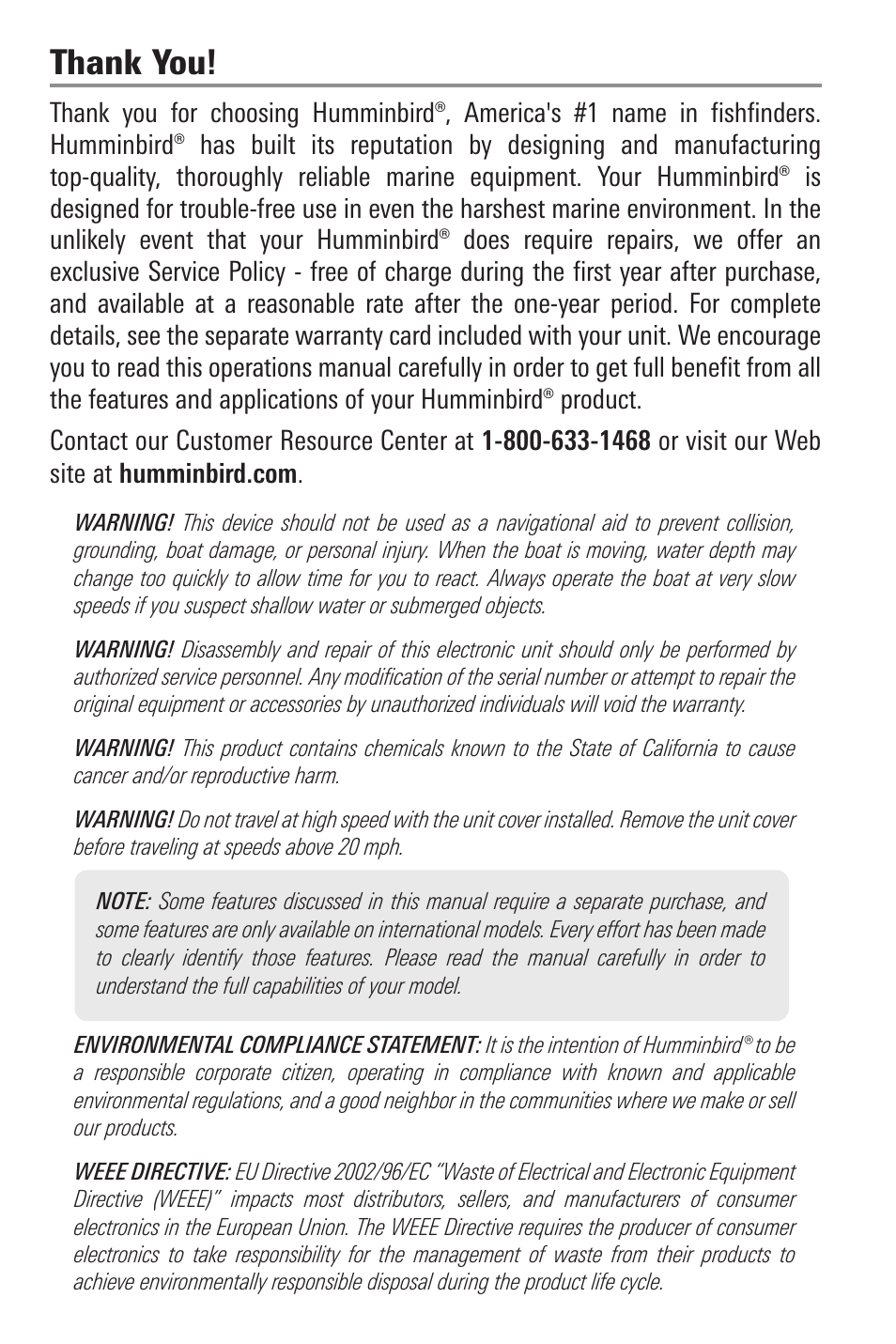 Thank you, Warnings | Humminbird 385ci User Manual | Page 2 / 158