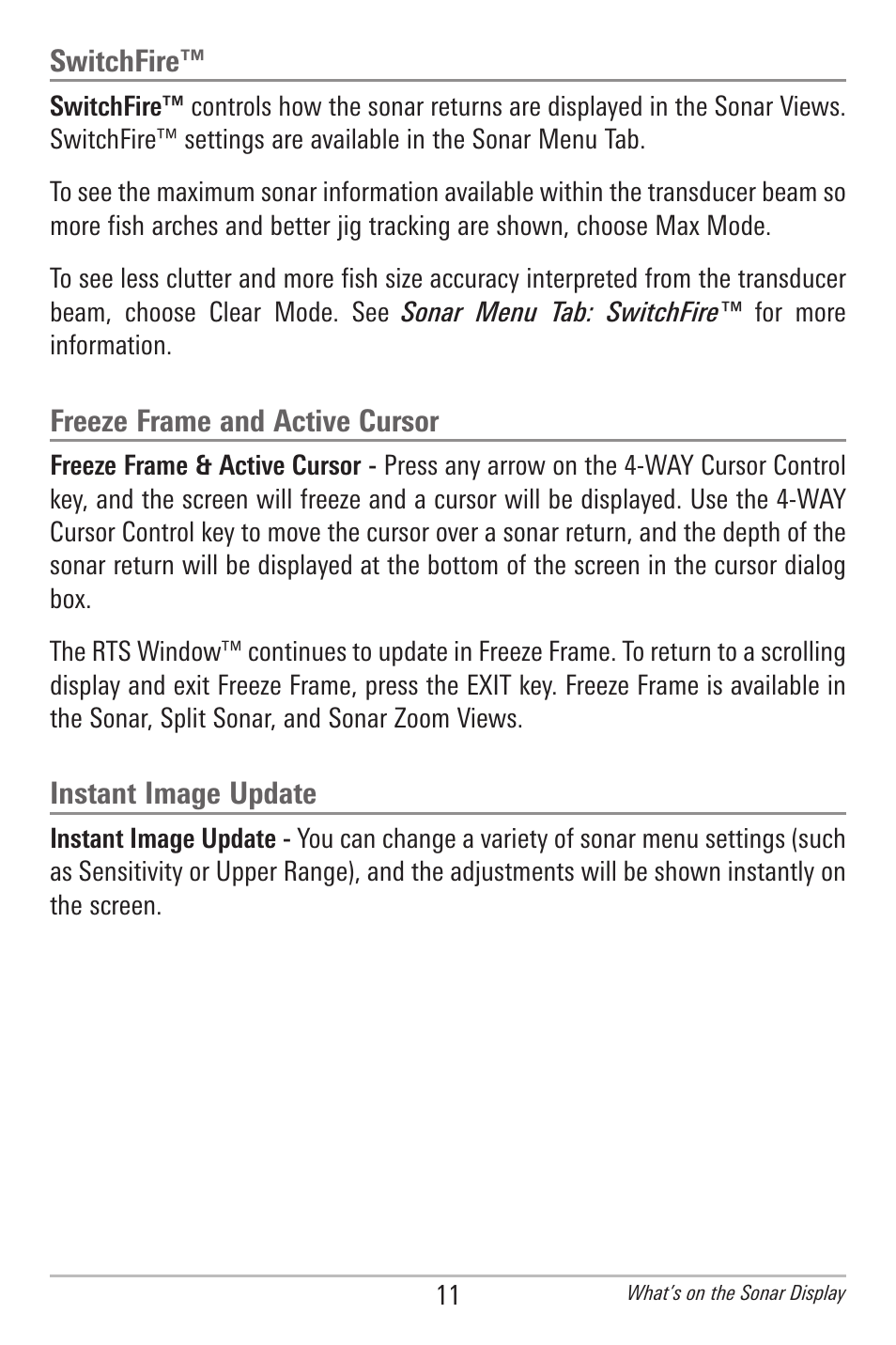 Switchfire, Freeze frame and active cursor, Instant image update | Humminbird 385ci User Manual | Page 23 / 158