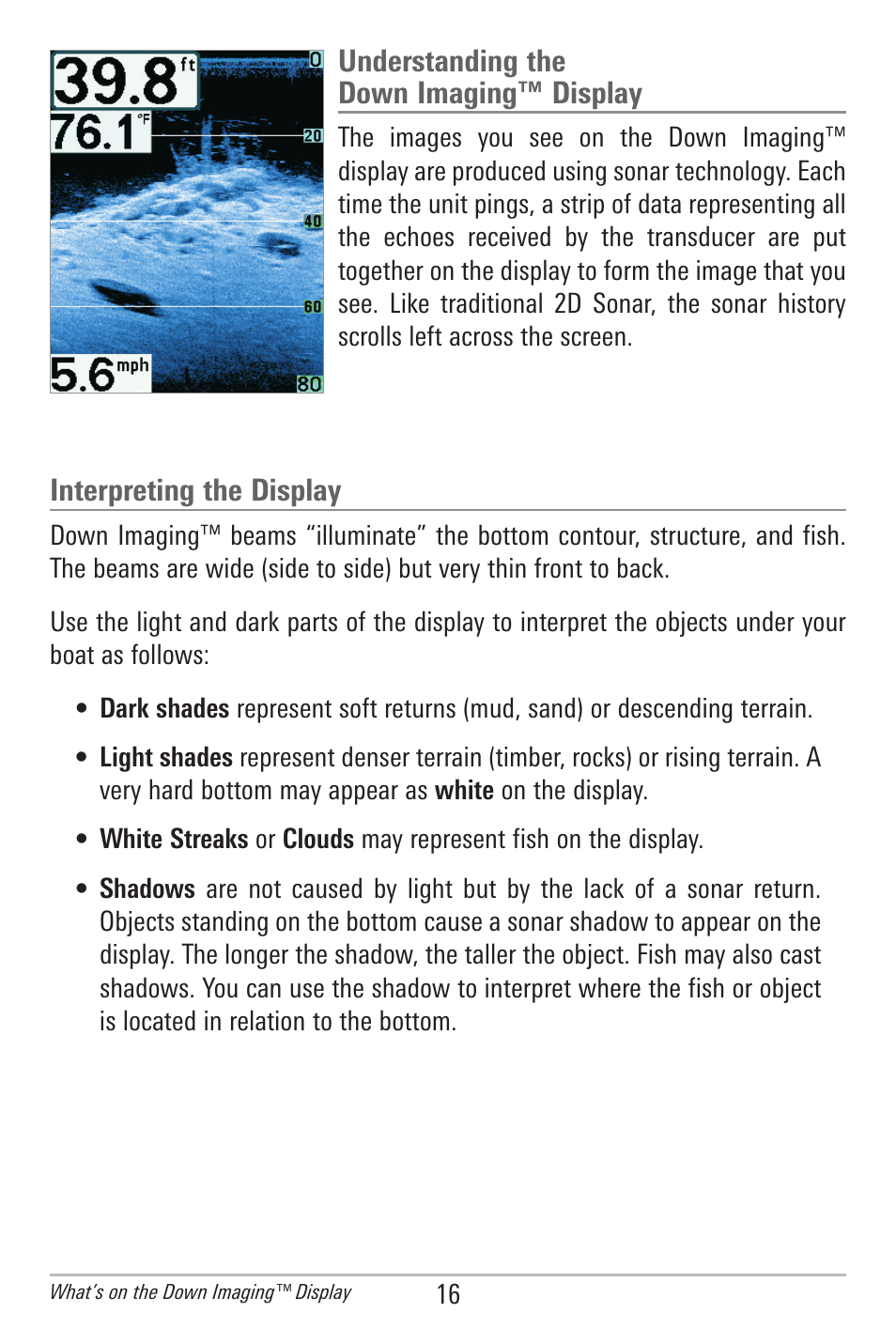 Understanding the down imaging™ display, Interpreting the display | Humminbird 385ci User Manual | Page 28 / 158