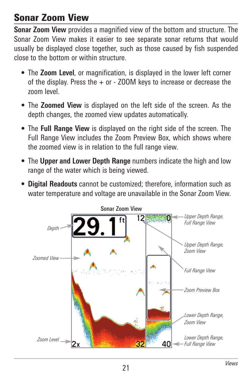 Sonar zoom view | Humminbird 385ci User Manual | Page 33 / 158