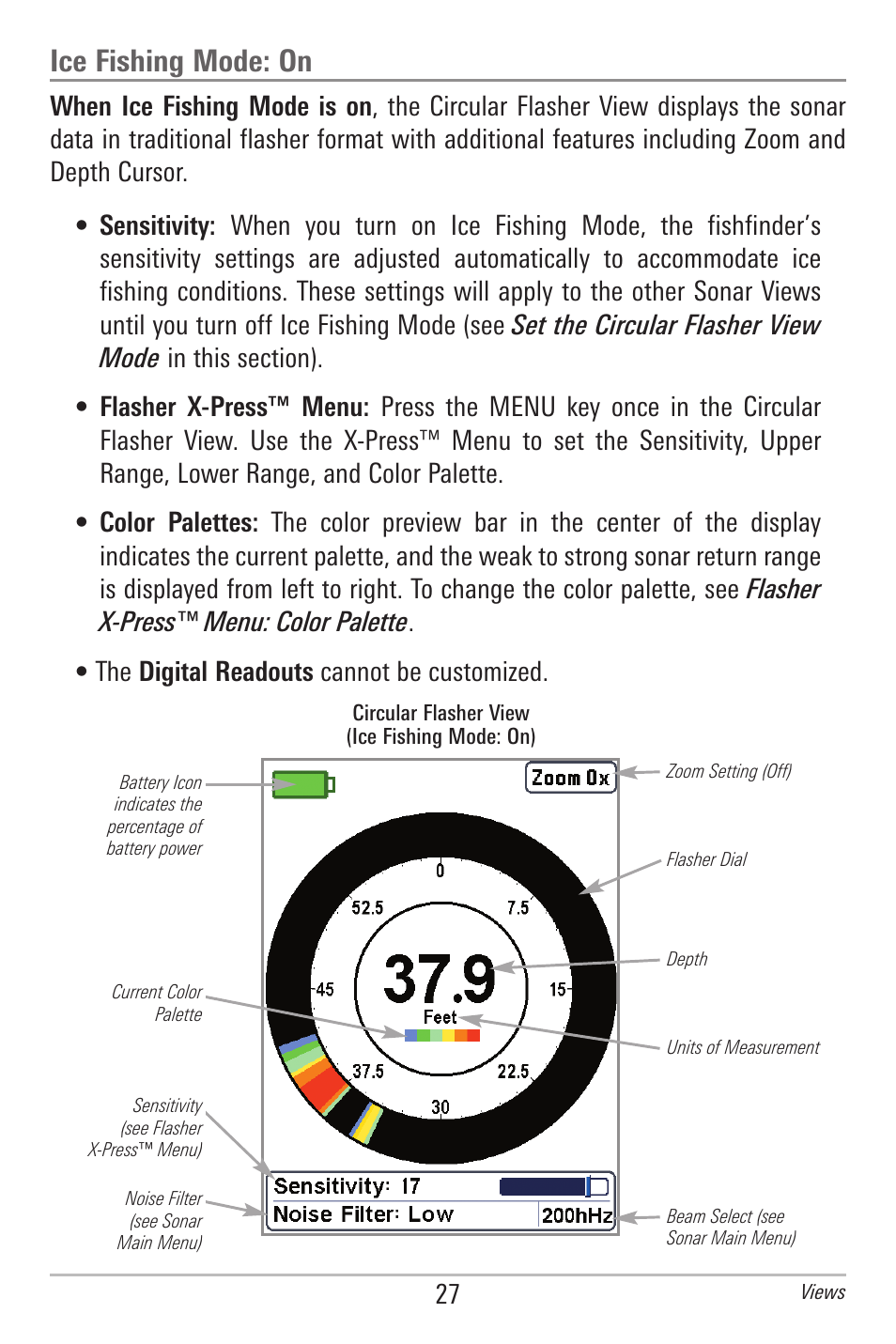 Ice fishing mode: on | Humminbird 385ci User Manual | Page 39 / 158