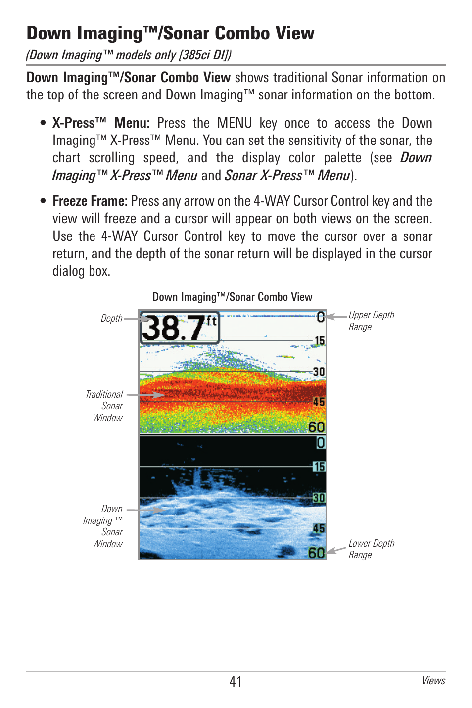 Down imaging™/sonar combo view | Humminbird 385ci User Manual | Page 53 / 158