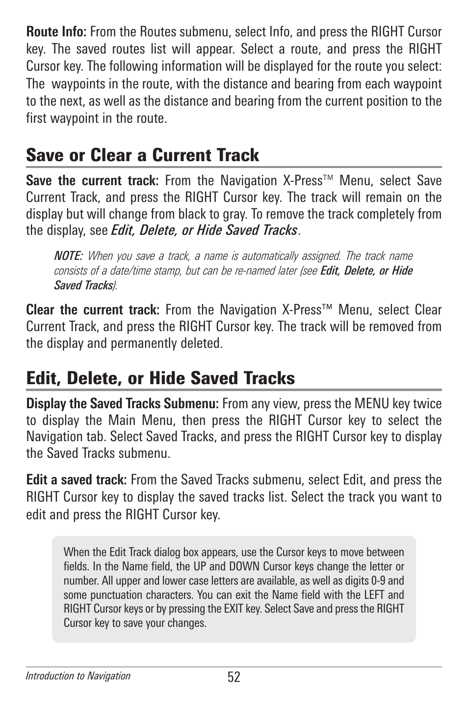 Save or clear a current track, Edit, delete, or hide saved tracks | Humminbird 385ci User Manual | Page 64 / 158