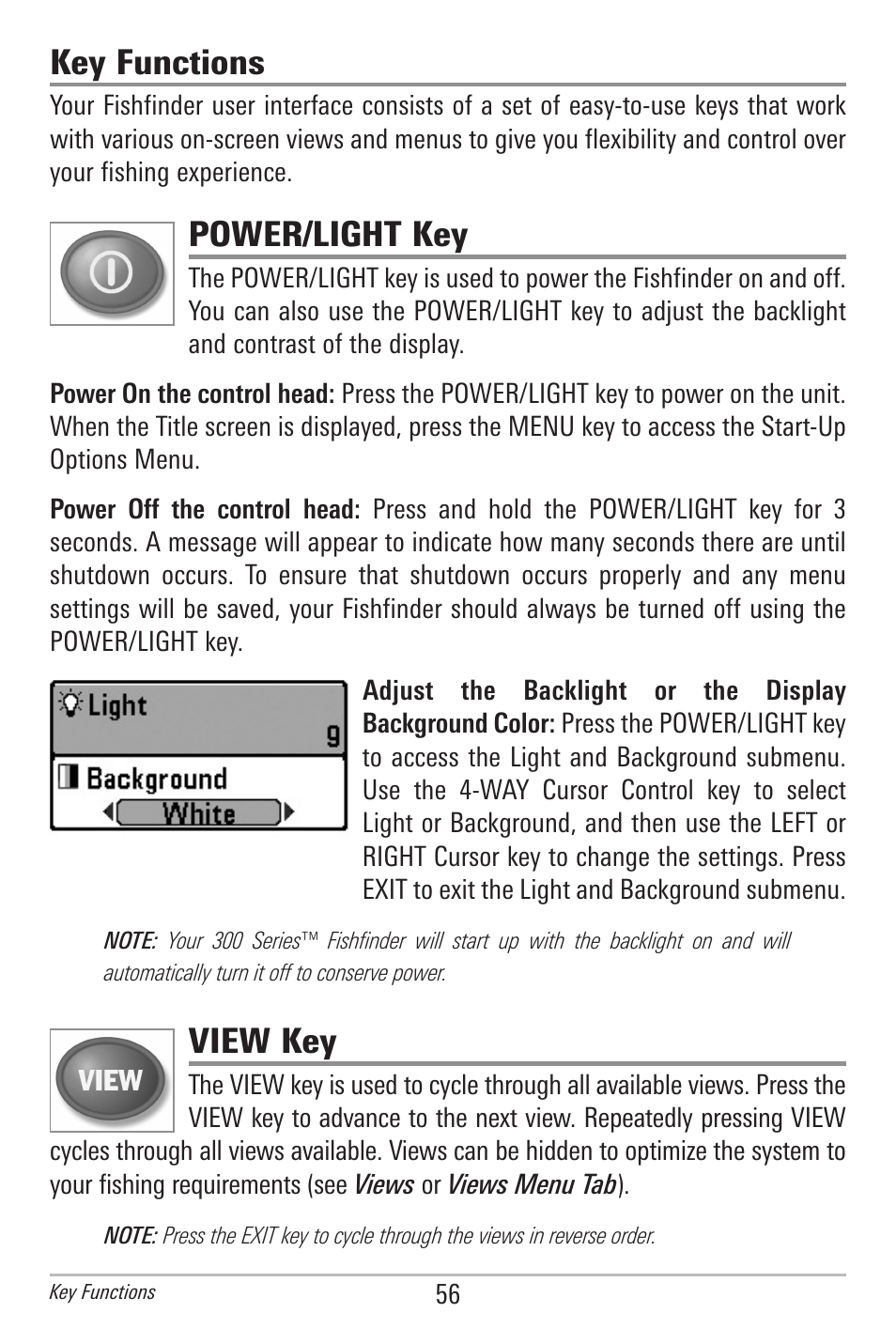 Key functions, Power/light key, View key | Humminbird 385ci User Manual | Page 68 / 158