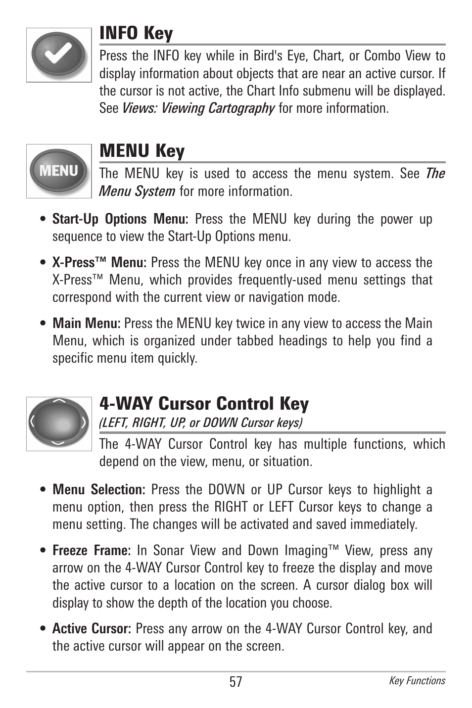 Info key, Menu key, Way cursor control key | Humminbird 385ci User Manual | Page 69 / 158