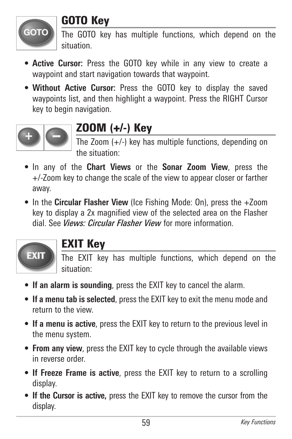 Goto key, Zoom (+/-) key, Exit key | Humminbird 385ci User Manual | Page 71 / 158