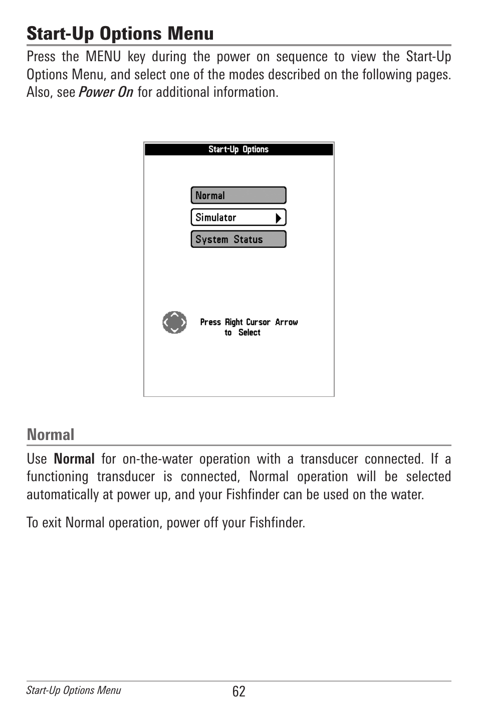 Start-up options menu, Normal | Humminbird 385ci User Manual | Page 74 / 158