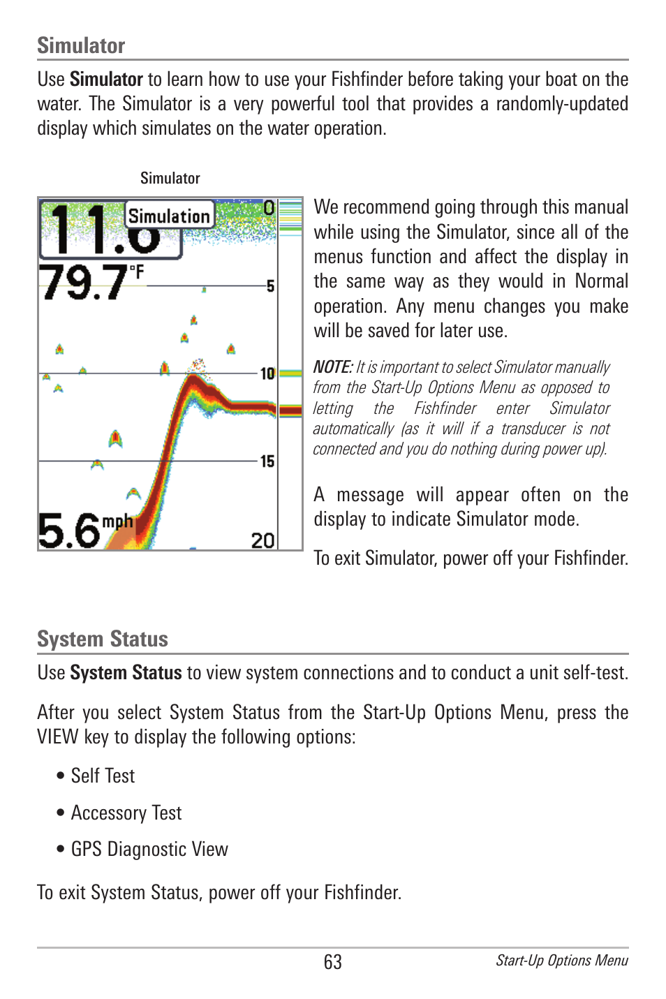 Simulator, System status | Humminbird 385ci User Manual | Page 75 / 158