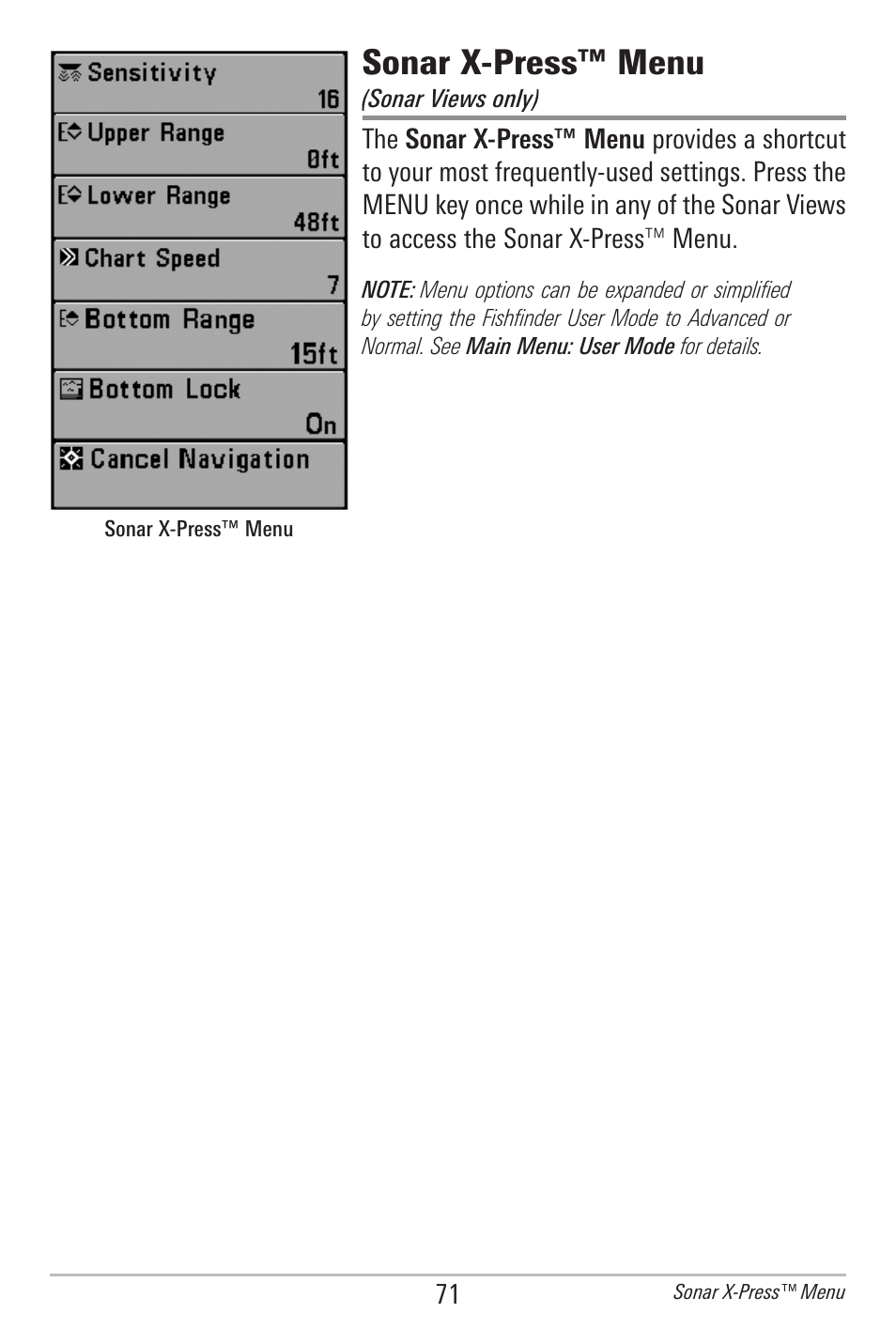 Sonar x-press™ menu | Humminbird 385ci User Manual | Page 83 / 158