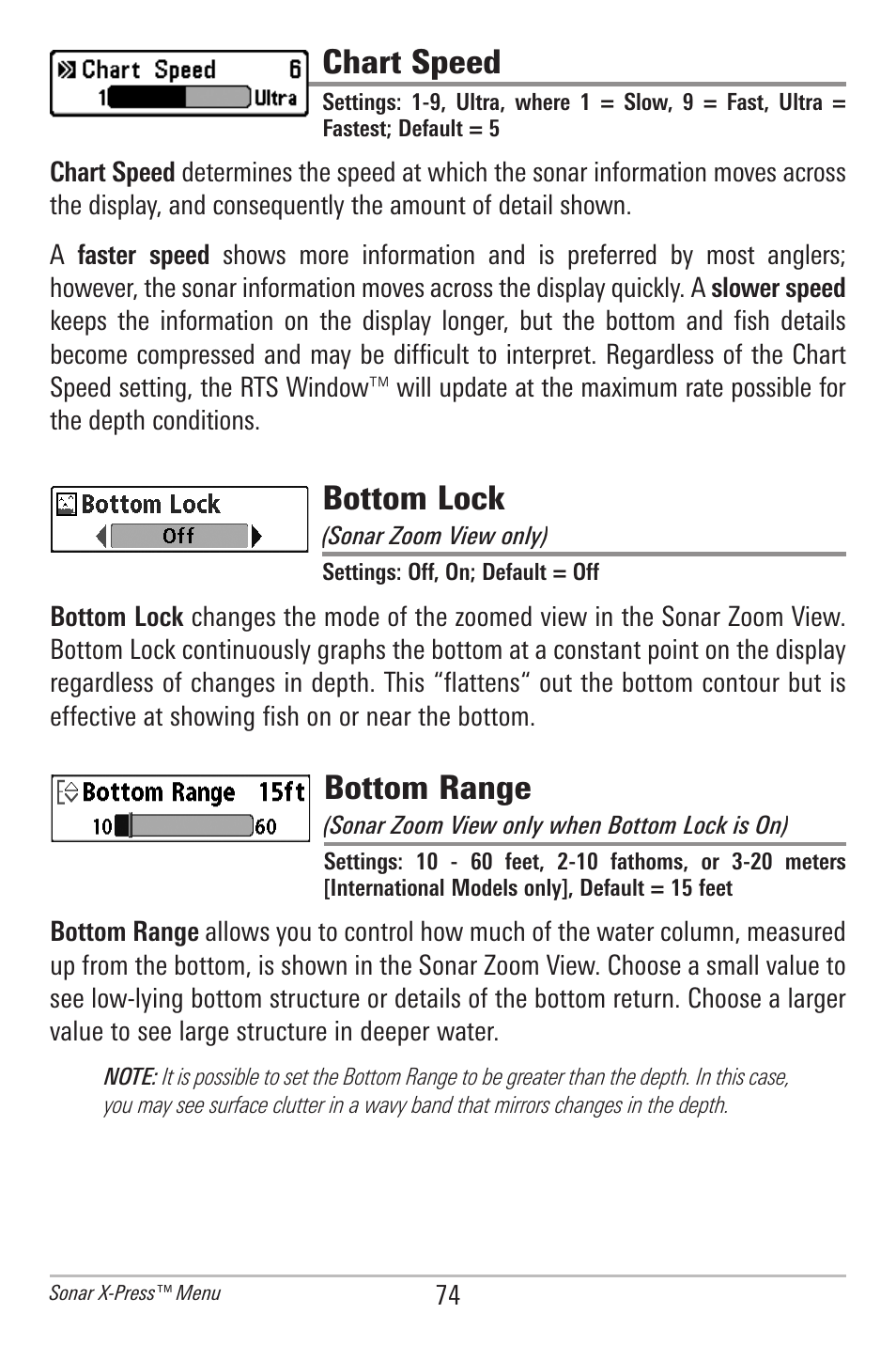 Chart speed, Bottom lock, Bottom range | Humminbird 385ci User Manual | Page 86 / 158