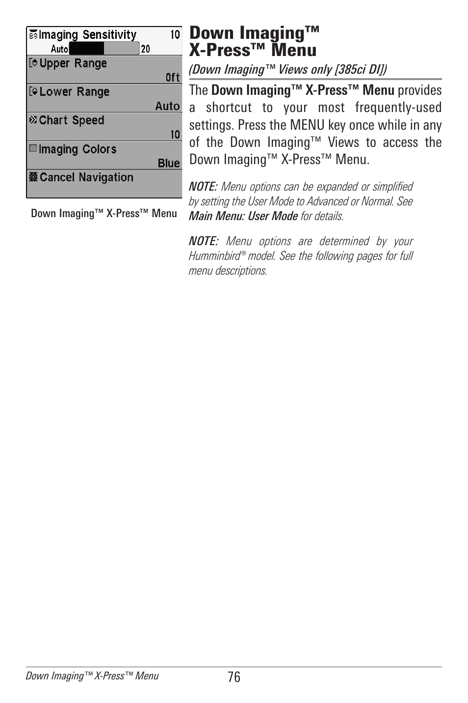 Down imaging™ x-press™ menu | Humminbird 385ci User Manual | Page 88 / 158