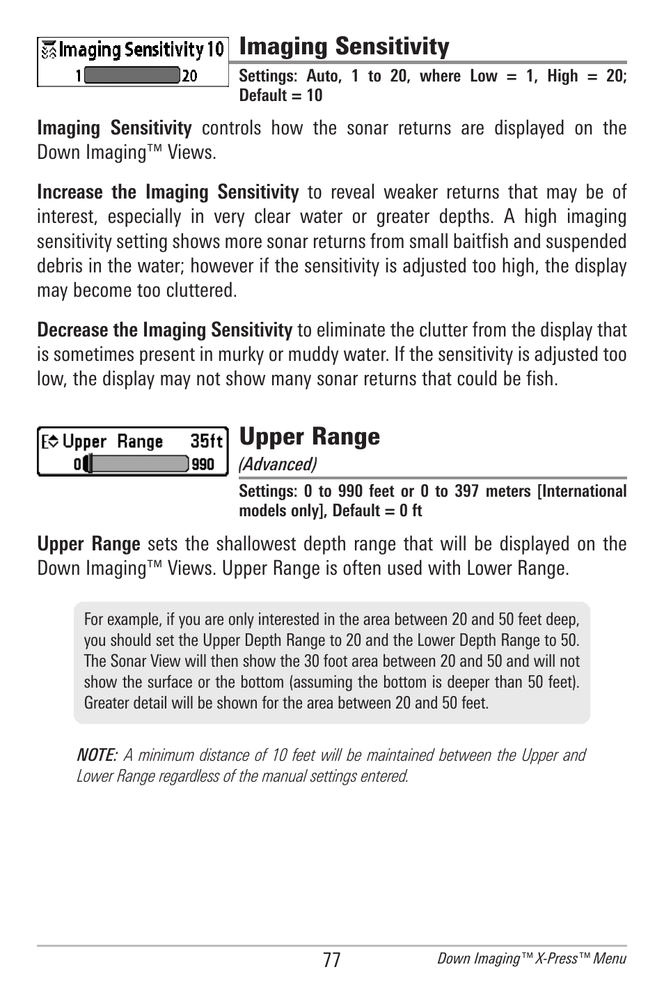 Imaging sensitivity, Upper range | Humminbird 385ci User Manual | Page 89 / 158