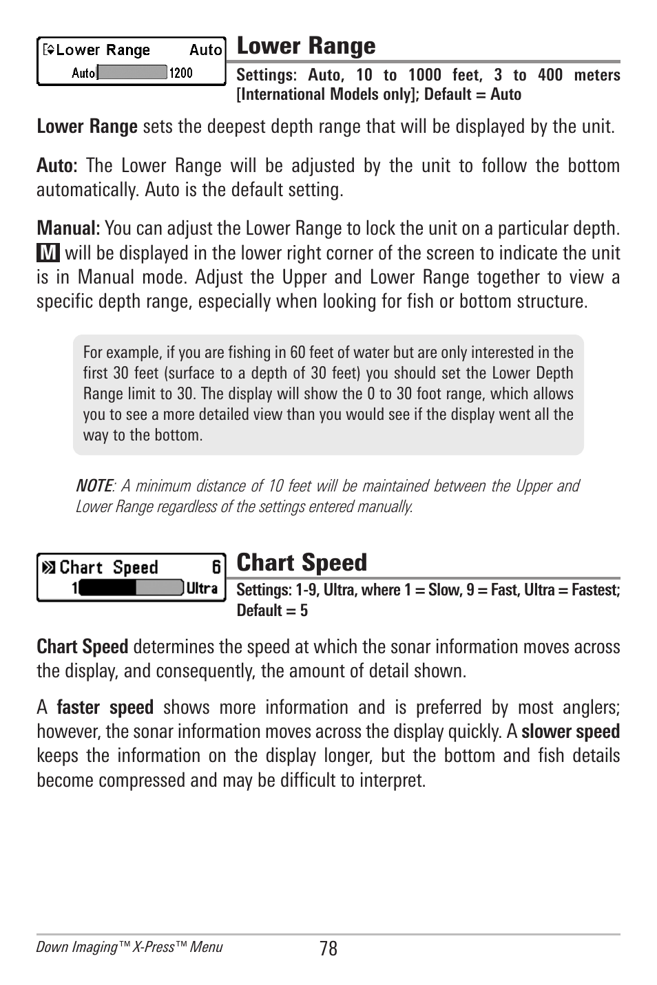 Lower range, Chart speed | Humminbird 385ci User Manual | Page 90 / 158