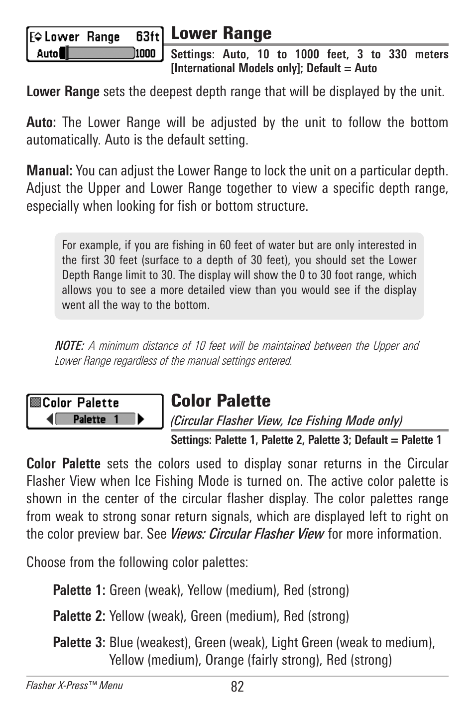 Lower range, Color palette | Humminbird 385ci User Manual | Page 94 / 158