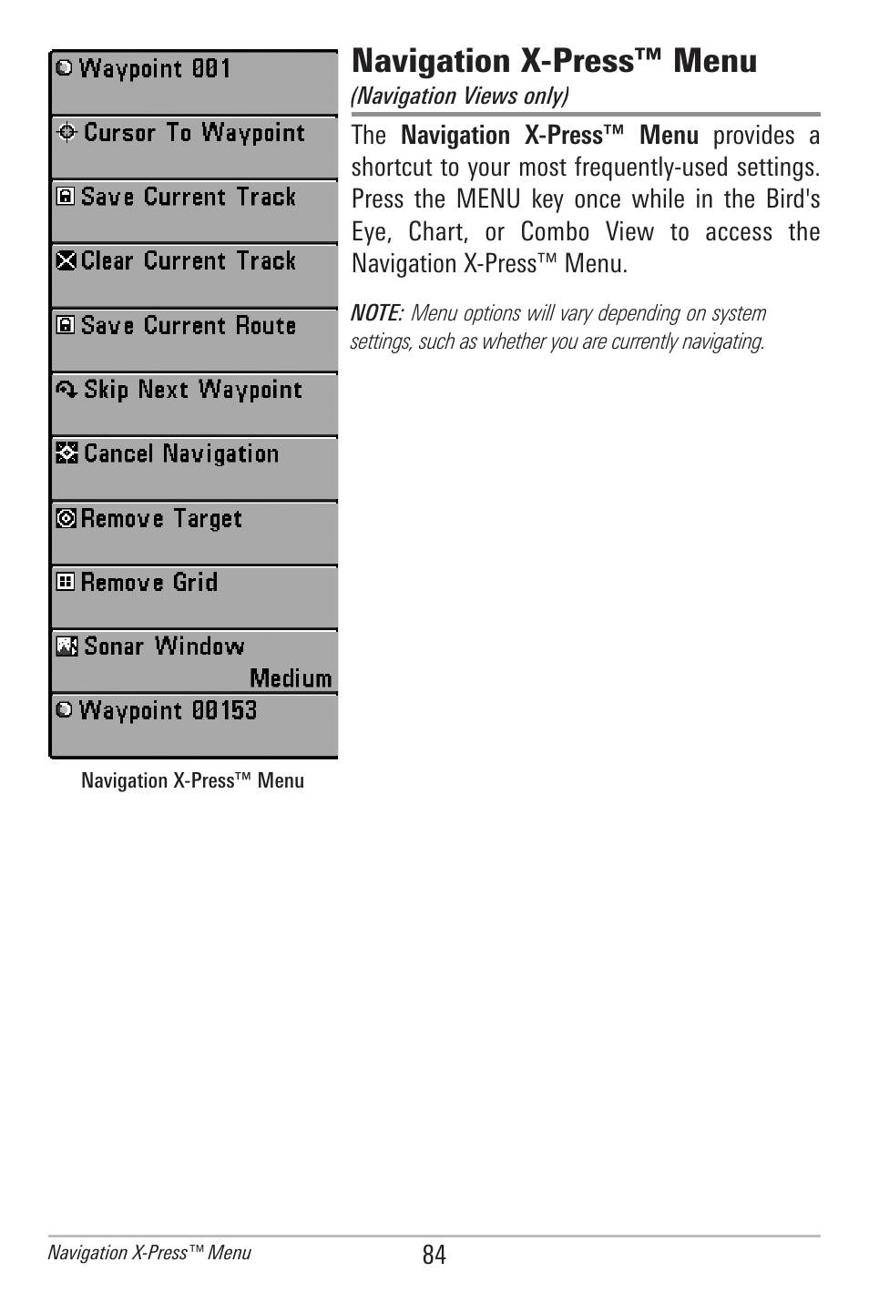 Navigation x-press™ menu | Humminbird 385ci User Manual | Page 96 / 158