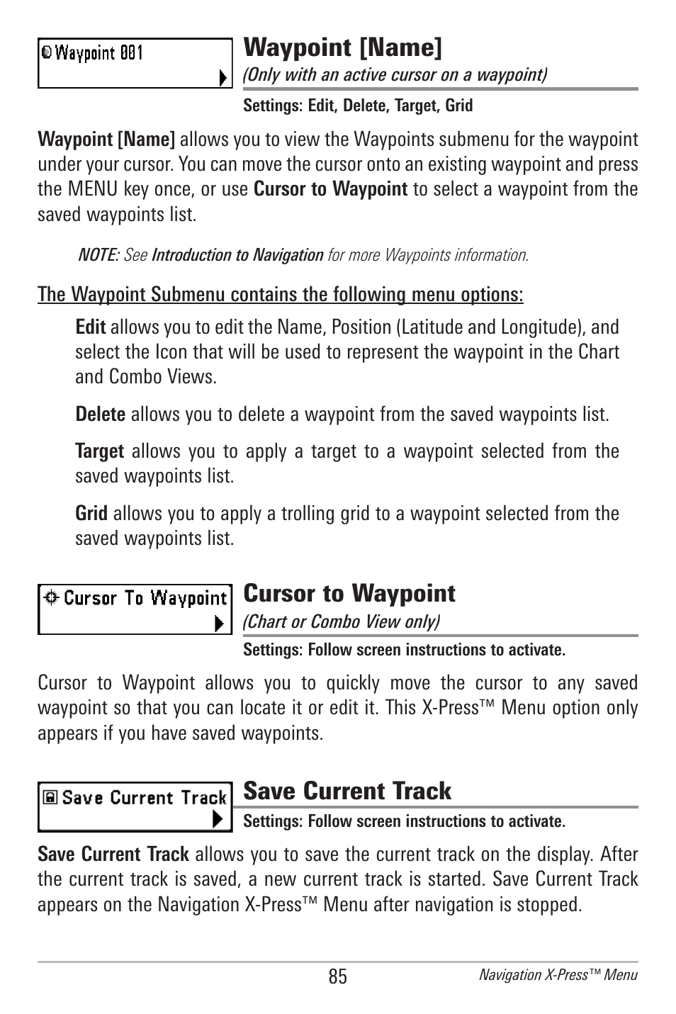 Waypoint [name, Cursor to waypoint, Save current track | Humminbird 385ci User Manual | Page 97 / 158