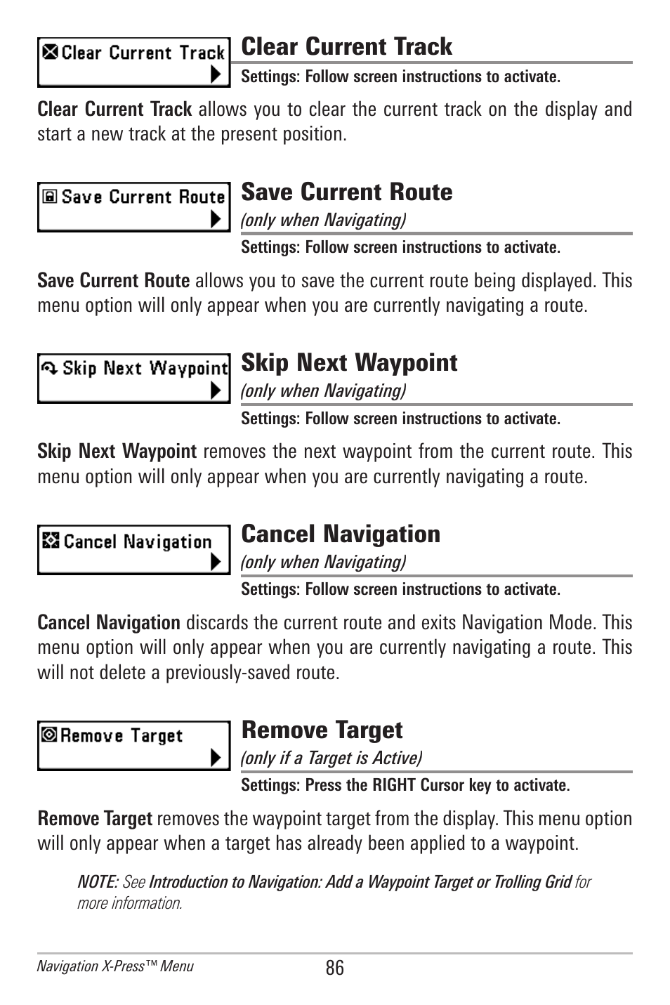Clear current track, Save current route, Skip next waypoint | Cancel navigation, Remove target | Humminbird 385ci User Manual | Page 98 / 158