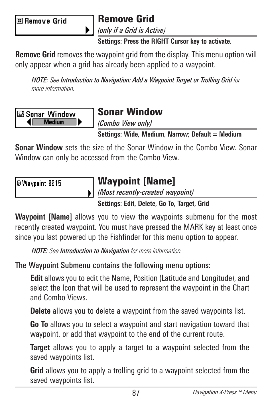 Remove grid, Sonar window, Waypoint [name | Humminbird 385ci User Manual | Page 99 / 158