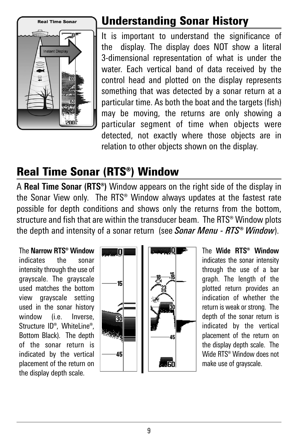 Understanding sonar history, Real time sonar (rts®) window | Humminbird 515 User Manual | Page 14 / 86