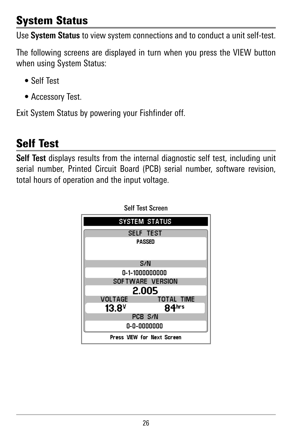 System status, Self test | Humminbird 515 User Manual | Page 31 / 86