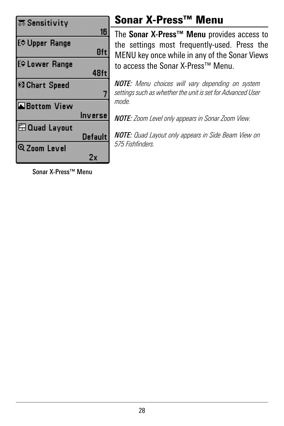 Sonar x-press™ menu | Humminbird 515 User Manual | Page 33 / 86