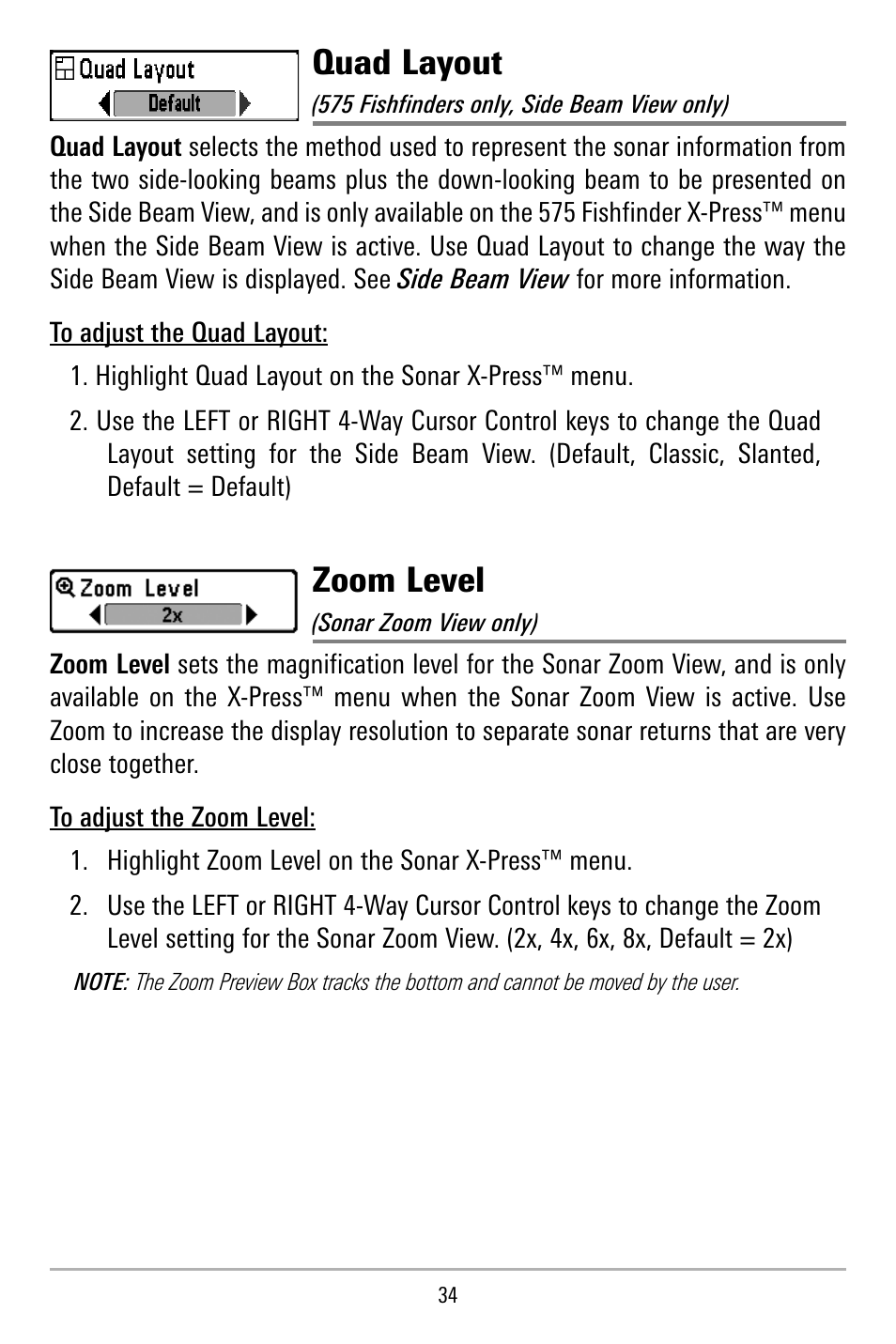 Quad layout, Zoom level | Humminbird 515 User Manual | Page 39 / 86