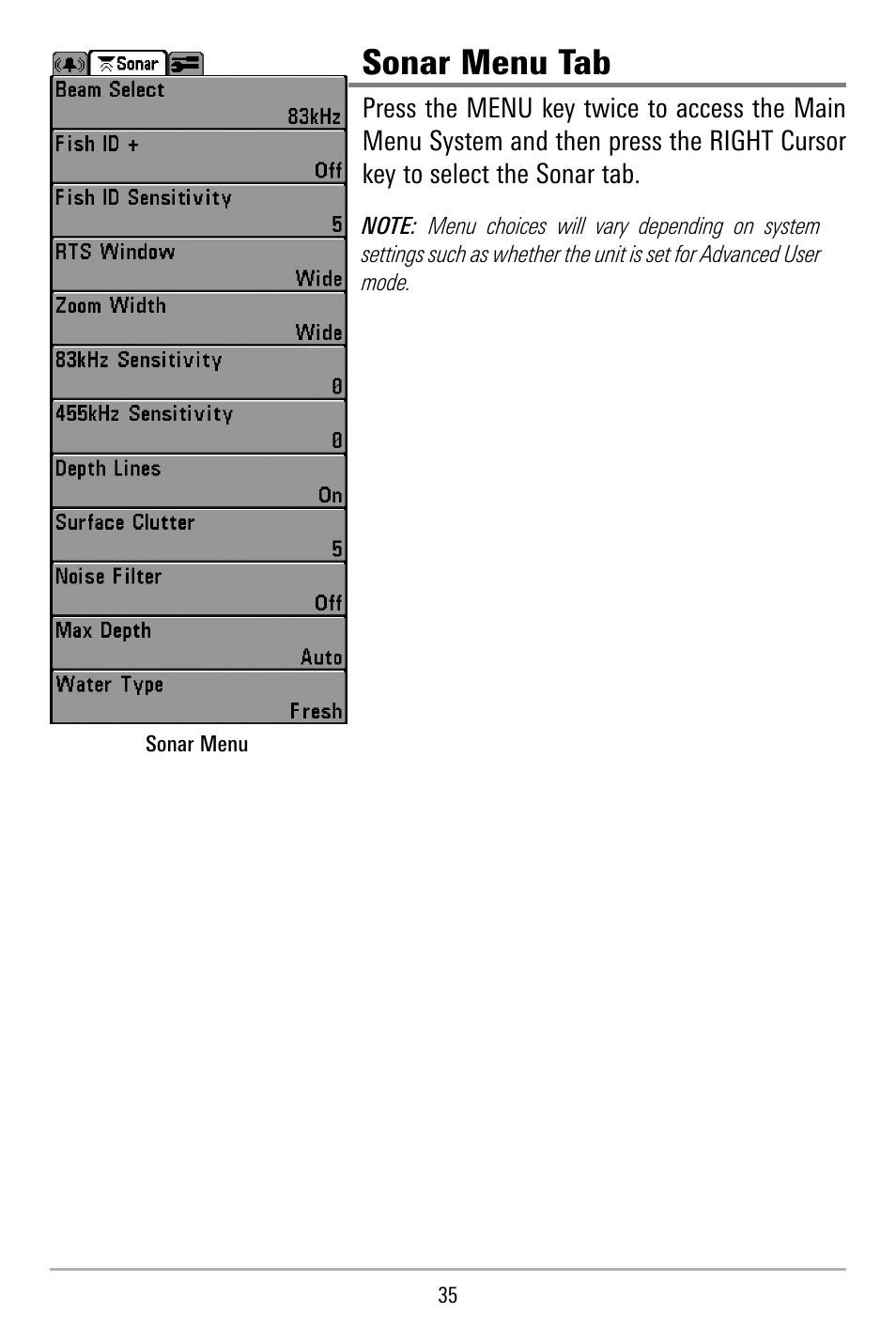 Sonar menu tab | Humminbird 515 User Manual | Page 40 / 86