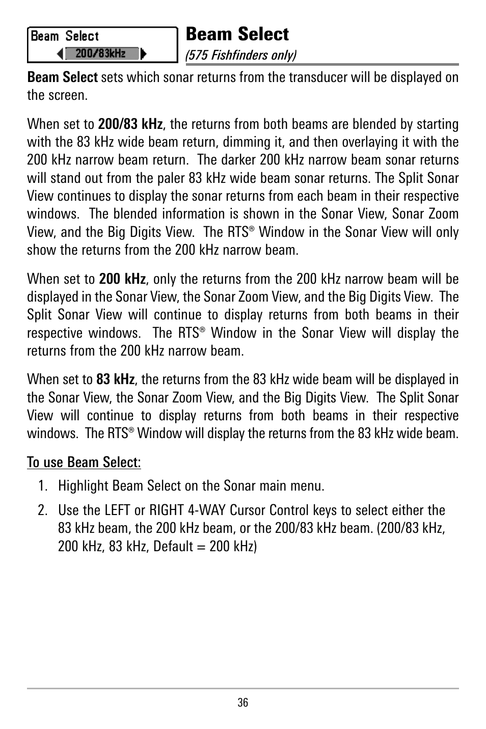 Beam select | Humminbird 515 User Manual | Page 41 / 86
