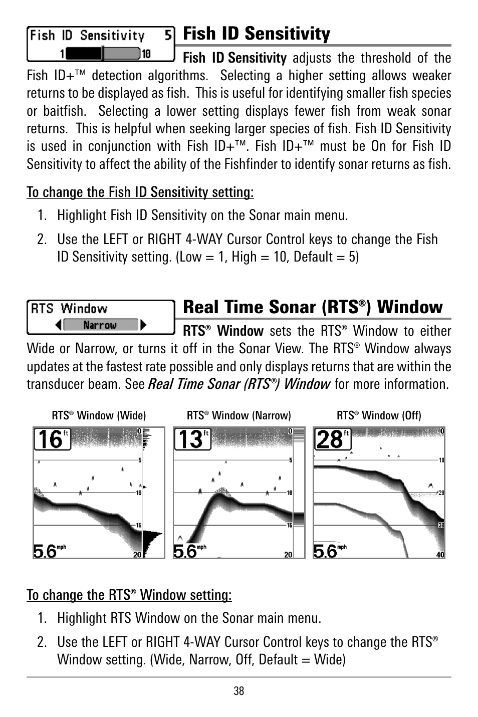 Fish id sensitivity, Real time sonar (rts®) window | Humminbird 515 User Manual | Page 43 / 86