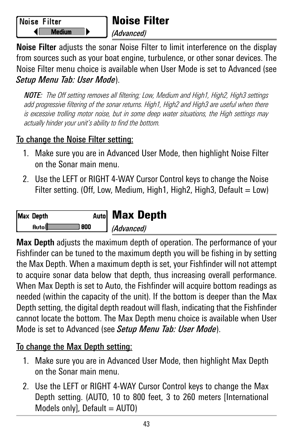Noise filter, Max depth | Humminbird 515 User Manual | Page 48 / 86